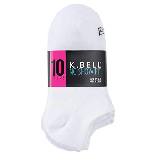 K. Bell Women's No-Show Socks, White, Shoe Size 4-10, 10-Pair