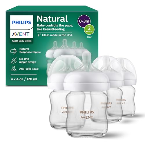Philips Avent Natural Glass Baby Bottle, 4 oz, Slow Flow, 4-Pack (SCY910/04)