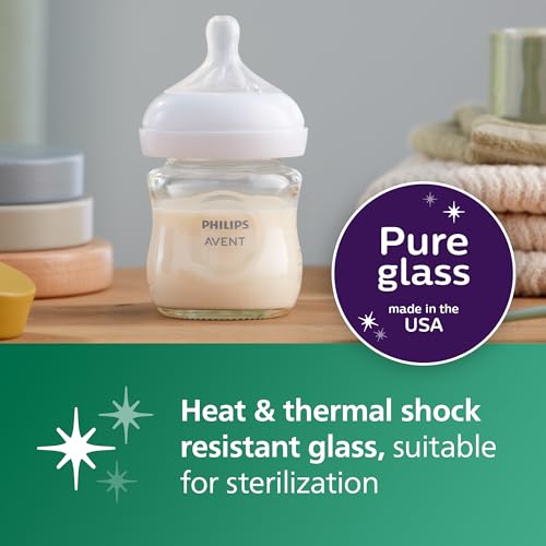 Philips Avent Natural Glass Baby Bottle, 4 oz, Slow Flow, 4-Pack (SCY910/04)