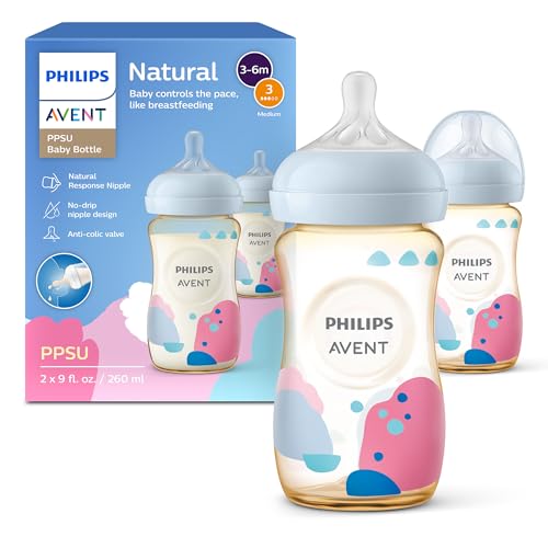 Philips Avent Natural PPSU Baby Bottle, 9 oz, Medium Flow, Decorated, 2-Pack (SCY943/02)