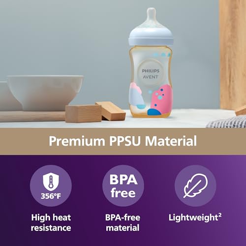 Philips Avent Natural PPSU Baby Bottle, 9 oz, Medium Flow, Decorated, 2-Pack (SCY943/02)