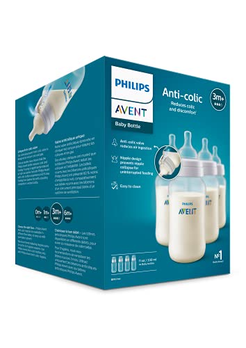 Philips Avent Anti-Colic Baby Bottle, 11 oz, Flow 3 Nipple, Clear, 4-Pack (SCY106/04)