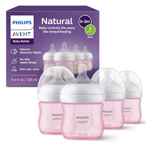 Philips Avent Natural Response Baby Bottle, 4 oz, Slow Flow, Pink, 4-Pack (SCY900/14)