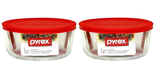 Pyrex 7-Cup Round Glass Food Storage Bowl with Red Lid, 2-Pack (7203)