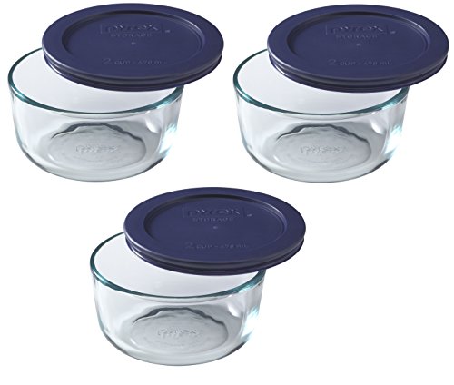 Pyrex 2-Cup Round Glass Food Storage Containers with Dark Blue Lids, 3-Pack (7200)