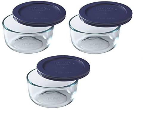 Pyrex 2-Cup Round Glass Food Storage Containers with Dark Blue Lids, 3-Pack (7200)