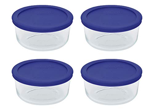 Pyrex 4-Cup Round Glass Food Storage Bowls with Cadet Blue Lids, 4-Pack (7201)