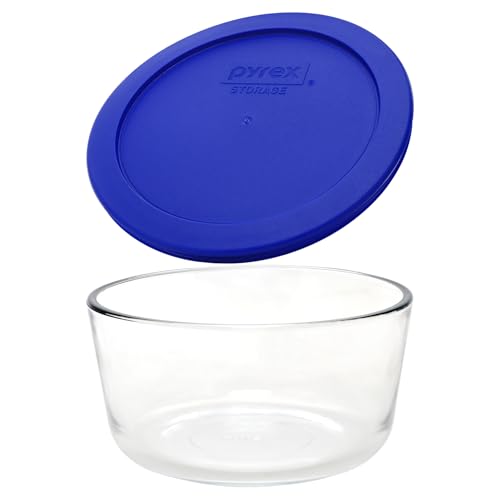 Pyrex 4-Cup Round Glass Food Storage Bowls with Cadet Blue Lids, 4-Pack (7201)