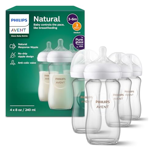 Philips Avent Natural Glass Baby Bottle, 8 oz, Medium Flow, 4-Pack (SCY913/04)