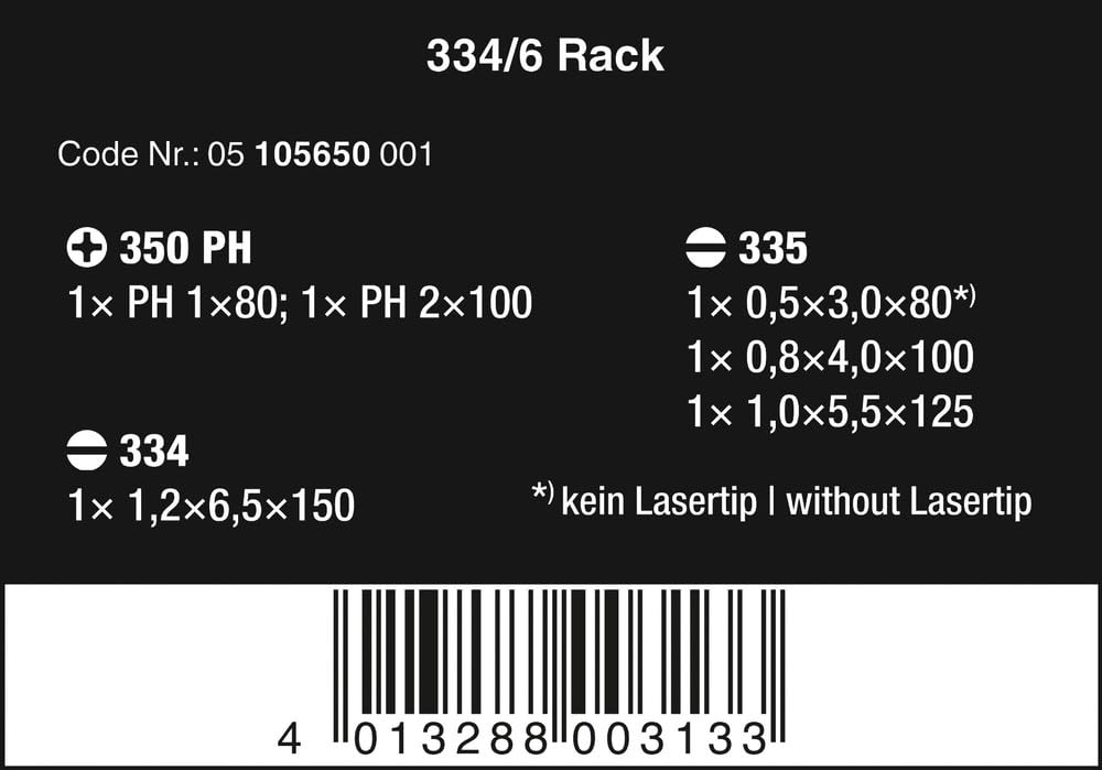 Wera Kraftform Plus 334/6 Screwdriver Set with Rack, Lasertip, 6 Pieces