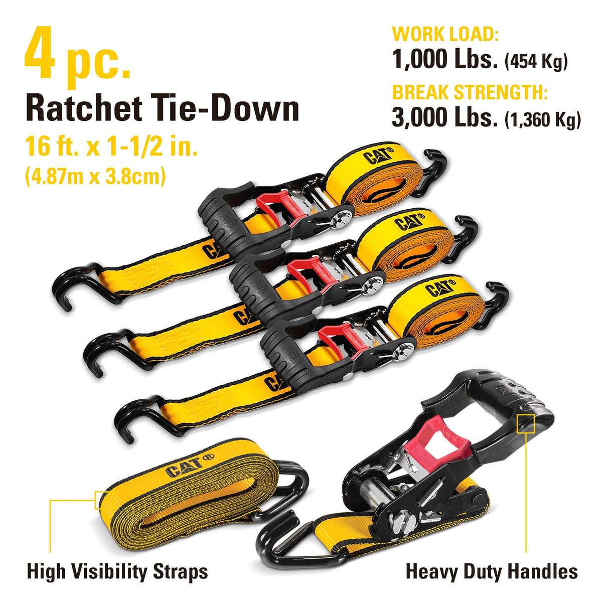 CAT 4-Piece Ratchet Tie-Down Set, 16 ft x 1.5 in, 1,000 lb Working Load