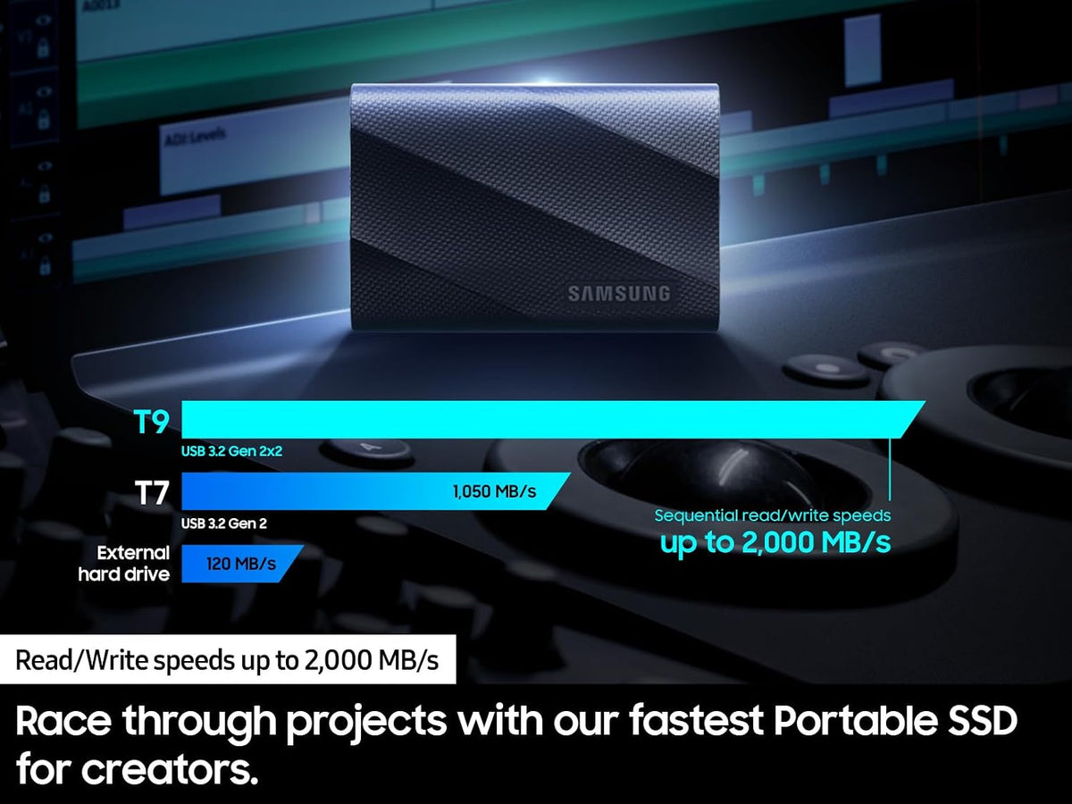 Samsung T9 Portable SSD, USB 3.2 Gen 2x2, Up to 2,000 MB/s - 2TB