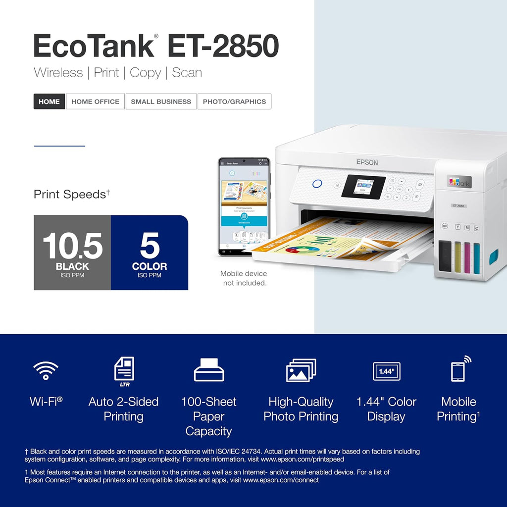Epson EcoTank ET-2850 Wireless Color All-in-One Supertank Printer, White