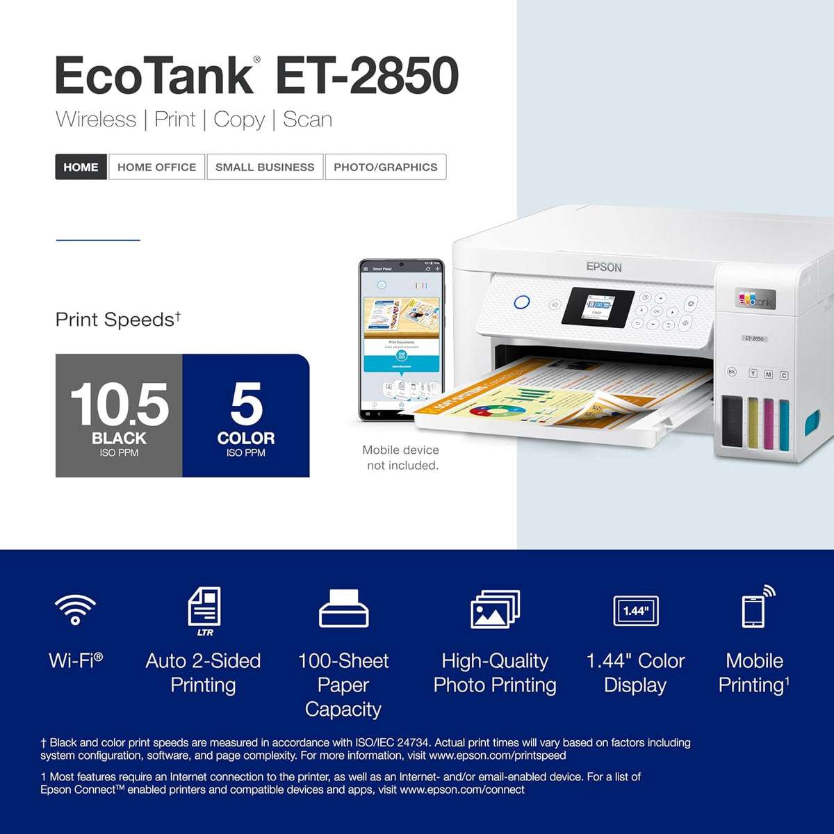 Epson EcoTank ET-2850 Wireless Color All-in-One Supertank Printer, White