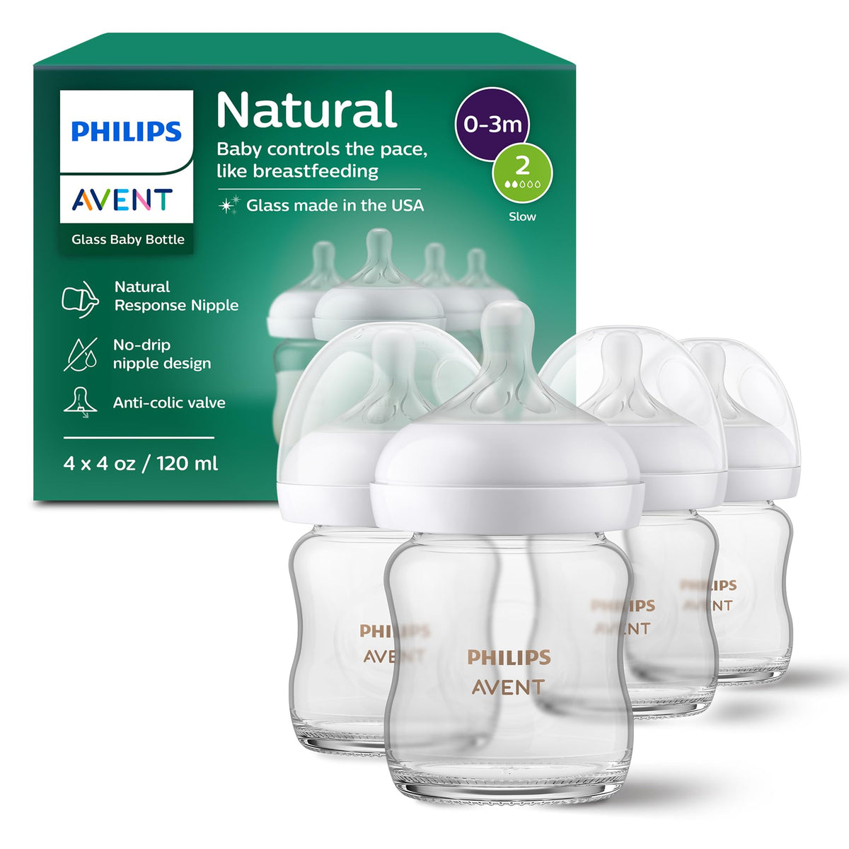 Philips Avent Natural Glass Baby Bottle, 8 oz, Medium Flow, 4-Pack (SCY913/04)