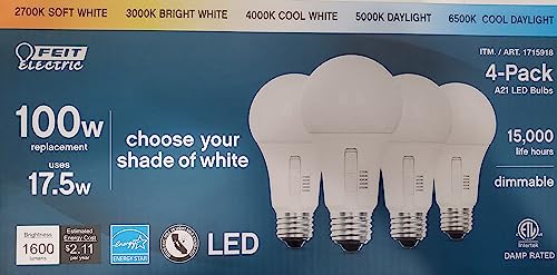 Feit Electric A21 LED Bulb, 100W Equivalent, Selectable Color Temperature, 4-Pack