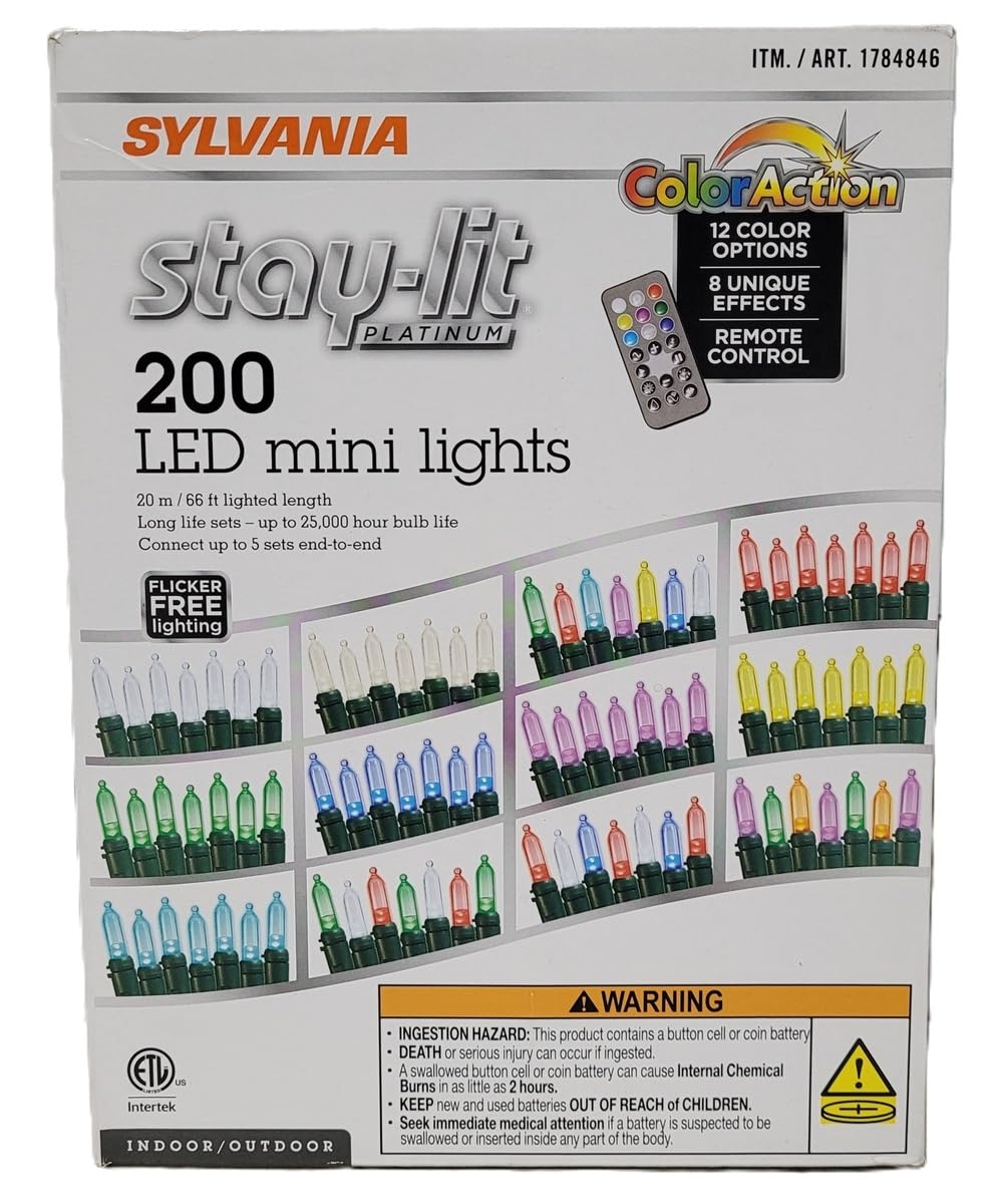 SYLVANIA Stay-Lit Platinum ColorAction LED Mini Christmas Lights, 200 Count