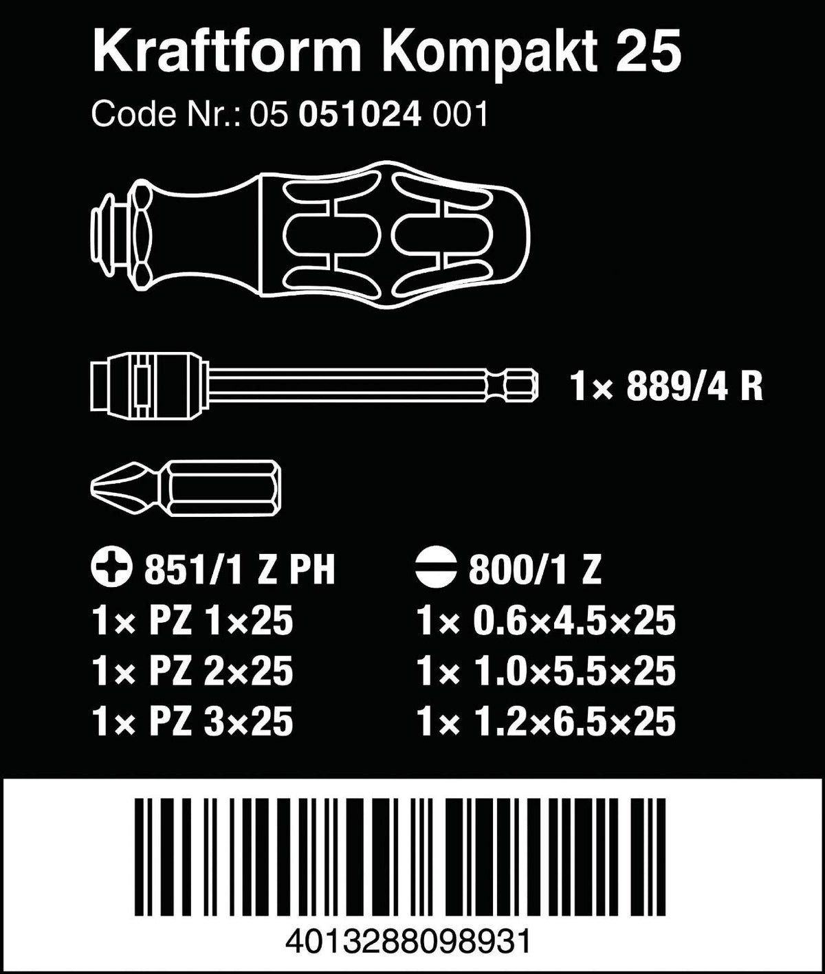Wera Kraftform Kompakt 25 Bit Holder Set with Pouch (05051024001)