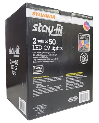SYLVANIA Stay-Lit Platinum LED C9 Multicolor Christmas Lights, 2 Strings of 50