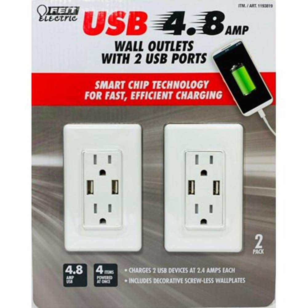 Feit Electric Tamper-Resistant Wall Outlet with 2 USB Ports, 4.8A, 2-Pack