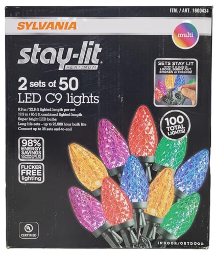 SYLVANIA Stay-Lit Platinum LED C9 Multicolor Christmas Lights, 2 Strings of 50