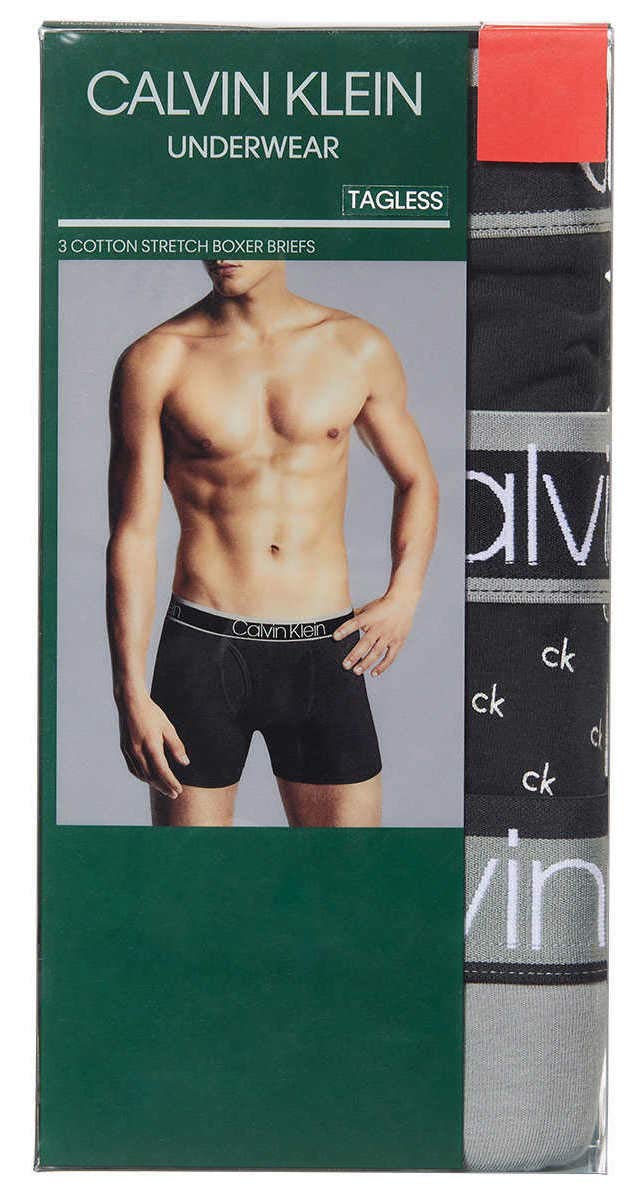 Calvin Klein Men's Cotton Stretch Boxer Briefs, 3-Pack, Black/Mini Logo/Grey, Large