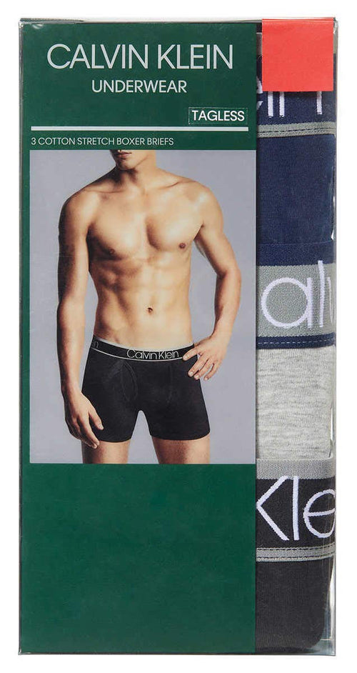 Calvin Klein Men's Cotton Stretch Boxer Briefs, 3-Pack, Navy/Heather Grey/Black, Medium